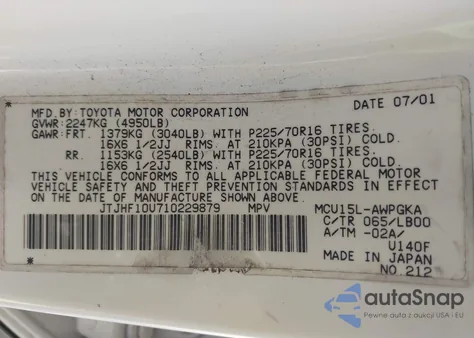 2001 Lexus Rx 300 z USA, uszkodzony, nr VIN JTJHF10U710229879